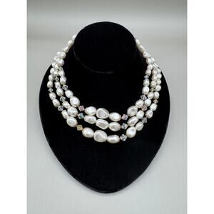 Vintage Japan 3 Strand Faux Pearls Faceted Aurora Borealis Crystal Necklace